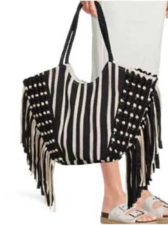 The Unbranded Brand Handbags - Black & White Striped Fringe Tote Bag